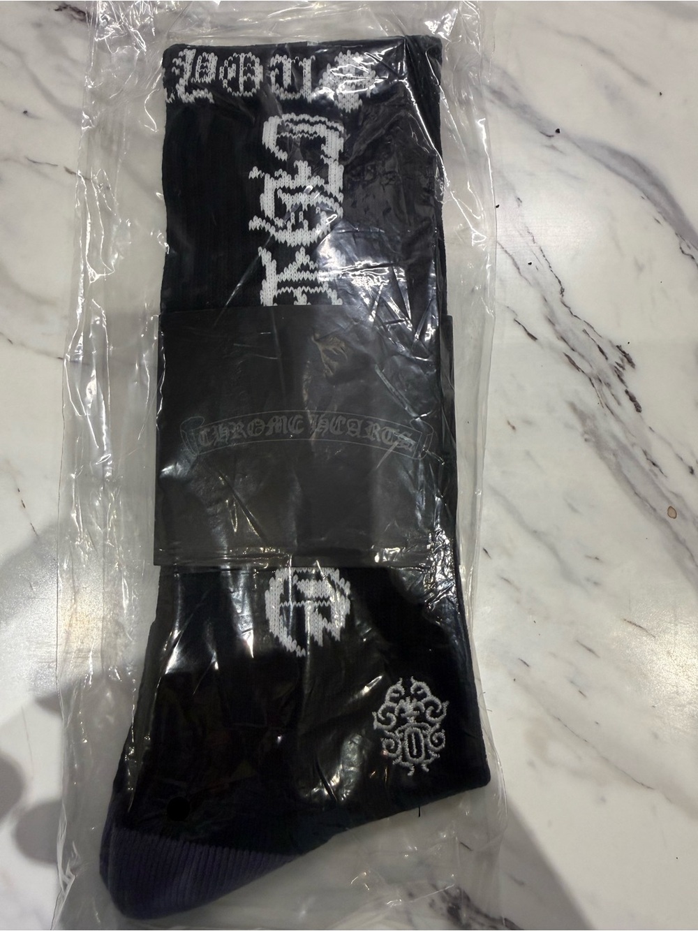 Chrome Hearts Black & White Gothic Logo Crew Socks